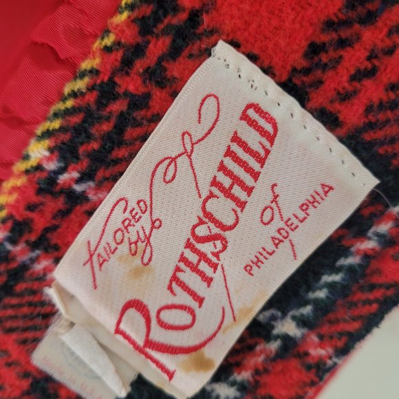 1980s Rothschild Girls Red Hooded Button Pea Coat Plaid Detail w/ Scarf size 6X - Picture 3 of 15